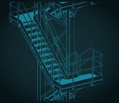 Endüstriyel metal merdiven izometrik çizimi biçimlendirilmiş vektör çizimi