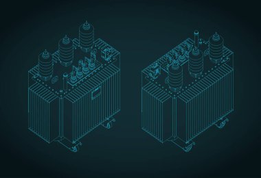 Stylized vector illustration of isometric blueprints of power three-phase transformer