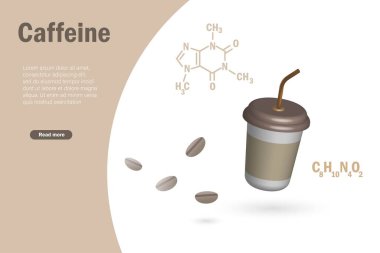 Kahve çekirdekli kahve fincanı ve kafein iskelet formülü moleküler yapı. Kahve araştırması, gıda bilimi, kimya ve biyolojik eğitim kavramı. 