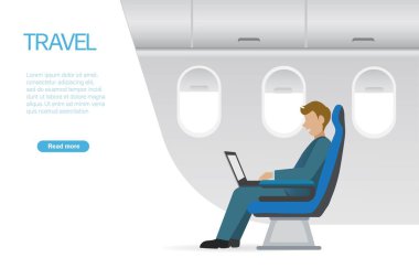 Seyahat zamanı. Uçakta cam kenarında bilgisayar üzerinde çalışan bir iş adamı. İş gezisi, seyahat, tatil konsepti. Vektör İllüstrasyonu.