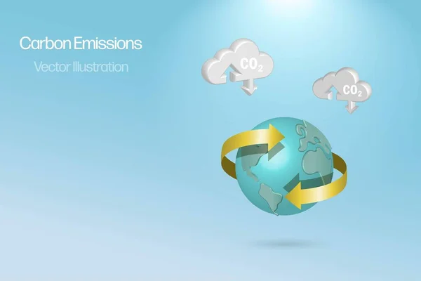 Co2排出量 地球の日の概念 持続可能なグリーン環境のためのリサイクルシンボルの矢印と二酸化炭素ガス排出削減雲と世界 3Dリアルなベクトル — ストックベクタ