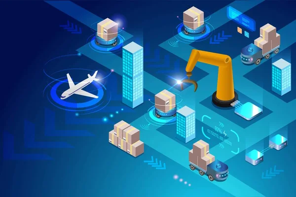 Inteligentní Logistický Distribuční Systém Automatizovanou Robotickou Bezdrátovou Technologií Dodávky Kartonů — Stockový vektor
