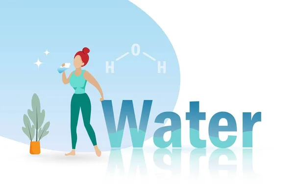 饮水的好处和H2O分子结构 妇女在运动后饮用瓶装水以获得提神和皮肤水合 — 图库矢量图片