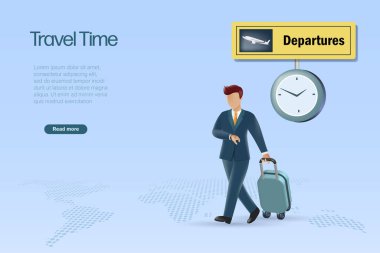 Travel, business trip concept. Businessman carrying luggage checking time on watch. at airport, 3D vector.	