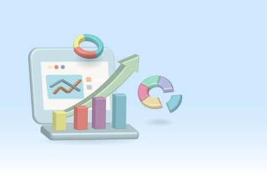 Computer analyzing business graph chart. Business development smart tools for success growth in future plan, business report and marketing strategy. 3D realistic vector.