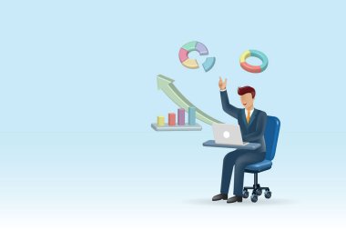 Businessman working on computer analyzing business growth graph chart for success and achievement. Business report and solution. 3D realistic vector