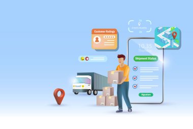 Online delivery service with excellent customer rating and review. Delivery man holding carton shipments with smart tracking technology and best delivery service performance. Vector Illustration.