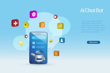 Ai chat bot on smartphone answer users question with smart solution idea. Artificial Intelligence robot answer users question generate smart solutions in varies categories. 3D vector.