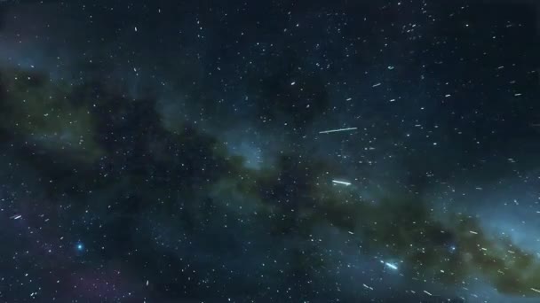 概要宇宙背景 小惑星は 宇宙のループアニメーションの照明の明るい中心に惑星雲と小さな青い星雲を飛ぶ タイトル ロゴの明らかに スタイルとシーンのために — ストック動画