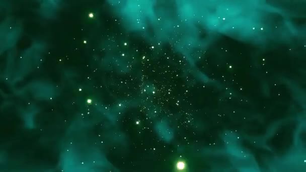 概要宇宙背景 小惑星は 宇宙のループアニメーションの照明の明るい中心に惑星雲と小さな青い星雲を飛ぶ タイトル ロゴの明らかに スタイルとシーンのために — ストック動画