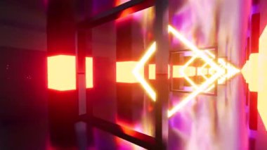 Parlayan turuncu ışıklı soyut kübik koridor. 3D animasyon 4K fütüristik tünel. Parlayan neon ışıkları yol duvarlarını kaplıyor ve rastgele yanıp sönüyor.