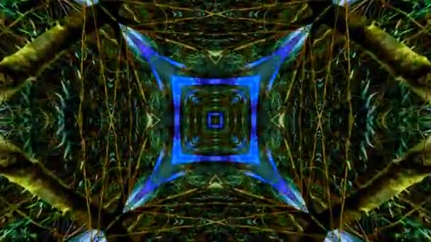 Hurok Neon Fény Kaleidoszkóp Háttér Világító Vonalak Szimmetrikus Kaleidoszkóp Szerkezet — Stock videók