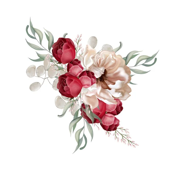 Κομψό Μπουκέτο Παιώνιες Τριαντάφυλλα Και Φύλλα Ευκαλύπτου Εικονογράφηση — Φωτογραφία Αρχείου