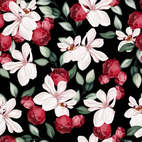 Elegantes Nahtloses Muster Mit Pfingstrosen Rosen Und Eukalyptusblättern Illustration — Stockfoto