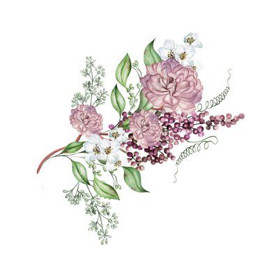 Kiraz çiçeği buketi, güller ve yapraklar. Suluboya çizimi