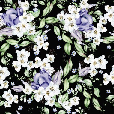 Kiraz çiçekleri, laleler ve yapraklar. Çiçeksiz desen. Suluboya