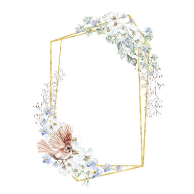 Kiraz çiçeği, yapraklar ve kuş. Çiçekli düğün çelengi. Suluboya çizimi