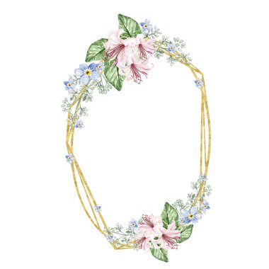 Mavi Çiçek ve Zambak çiçeği. Çiçekli düğün çelengi. Suluboya çizimi