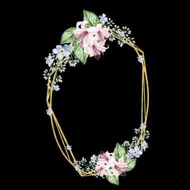 Mavi Çiçek ve Zambak çiçeği. Çiçekli düğün çelengi. Suluboya çizimi