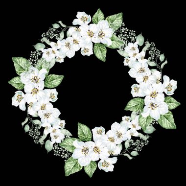 Kiraz çiçeği ve okaliptüs yaprakları. Çiçekli düğün çelengi. Suluboya