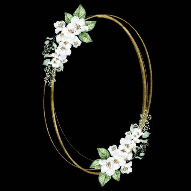 Kiraz çiçeği ve okaliptüs yaprakları. Çiçekli düğün çelengi. Suluboya