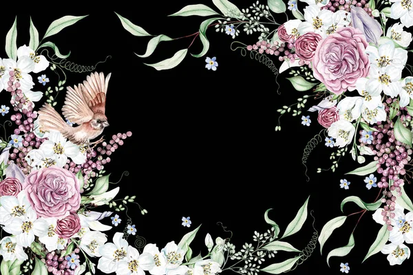 Kirschblüten Rosen Und Blätter Florale Hochzeitskarte Aquarellillustration — Stockfoto