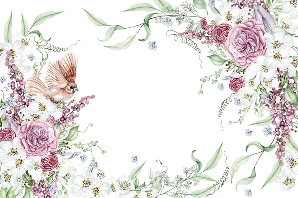 Kirschblüten Rosen Und Blätter Florale Hochzeitskarte Aquarellillustration — Stockfoto
