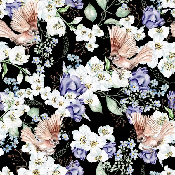 Цветок Вишни Тюльпаны Птицы Цветочный Бесшовный Рисунок Акварель — стоковое фото