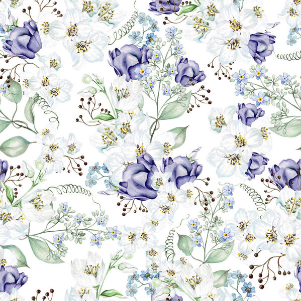 Flower cherry  blossom, tulips and leaves. Floral seamless pattern. Watercolor