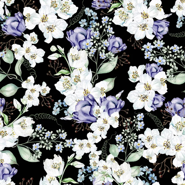 Квіткова Вишня Цвіте Тюльпани Листя Квітковий Безшовний Візерунок Акварель — стокове фото
