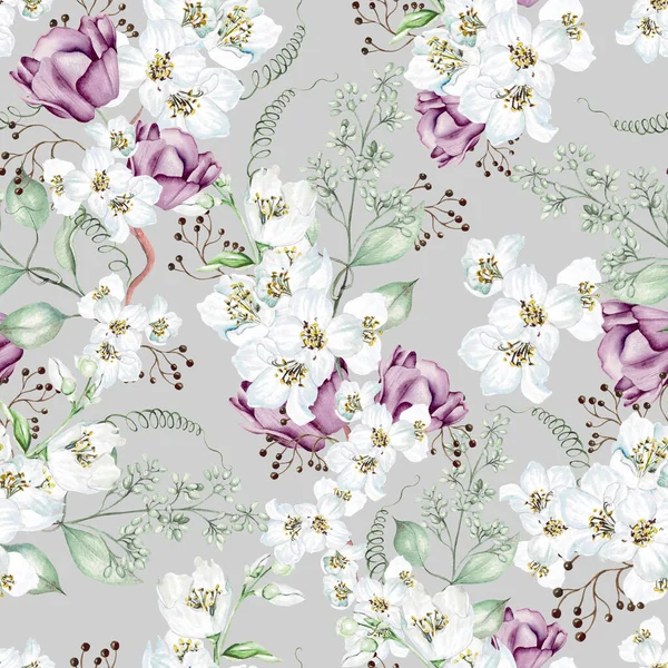 花の桜 チューリップや葉 花のシームレスなパターン 水彩画 — ストック写真