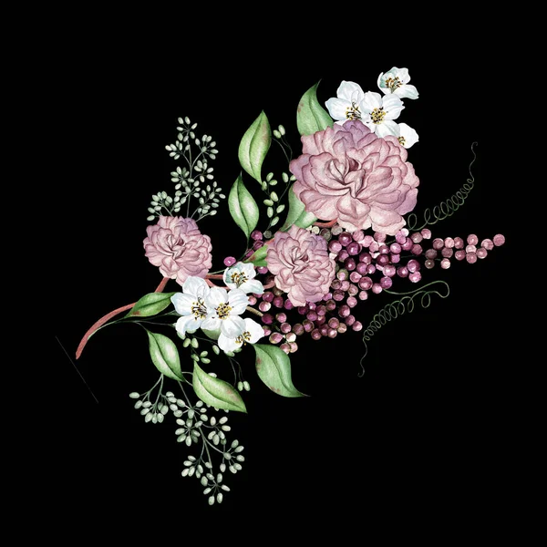 Ανθισμένα Άνθη Κερασιάς Τριαντάφυλλα Και Φύλλα Εικονογράφηση Υδατογραφίας — Φωτογραφία Αρχείου