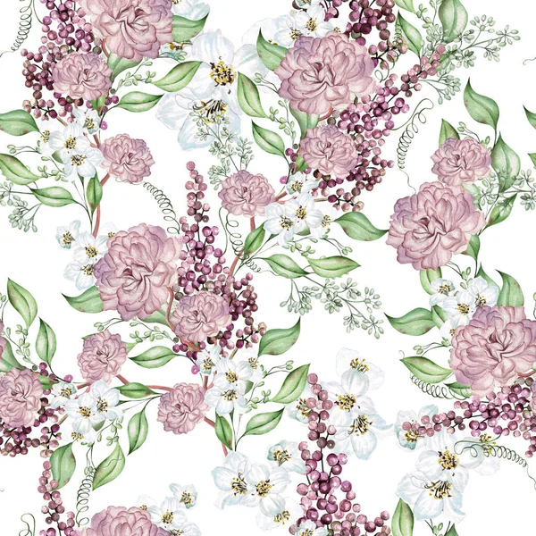 Třešňové Květy Růže Listy Květinový Vzor Akvarel — Stock fotografie