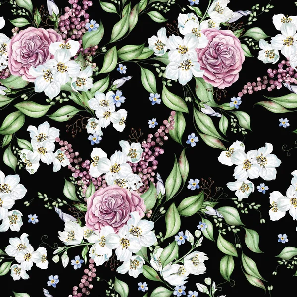 Fiori Ciliegio Rose Foglie Motivo Floreale Senza Cuciture Acquerello — Foto Stock