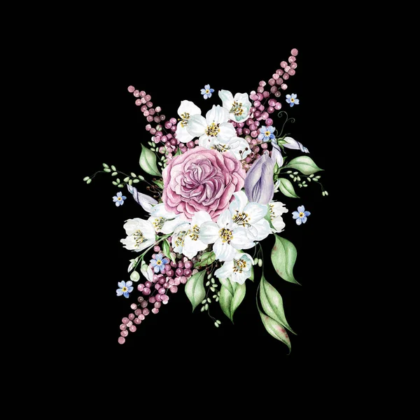 Kirschblüten Rosen Und Blätter Floraler Brautstrauß Aquarellillustration — Stockfoto