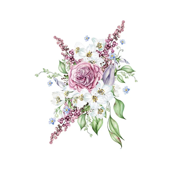 Fleurs Cerisier Roses Feuilles Bouquet Mariage Floral Illustration Aquarelle — Photo