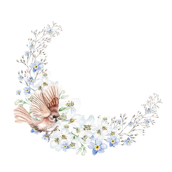 Flower Cherry Blossom Leaves Bird Floral Wedding Wreath Watercolor Illustration — Stock Photo, Image