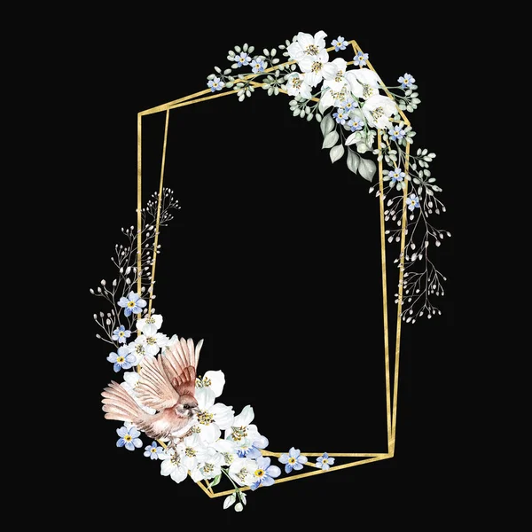 Цветок Вишни Листья Птица Цветочный Свадебный Венок Акварель — стоковое фото