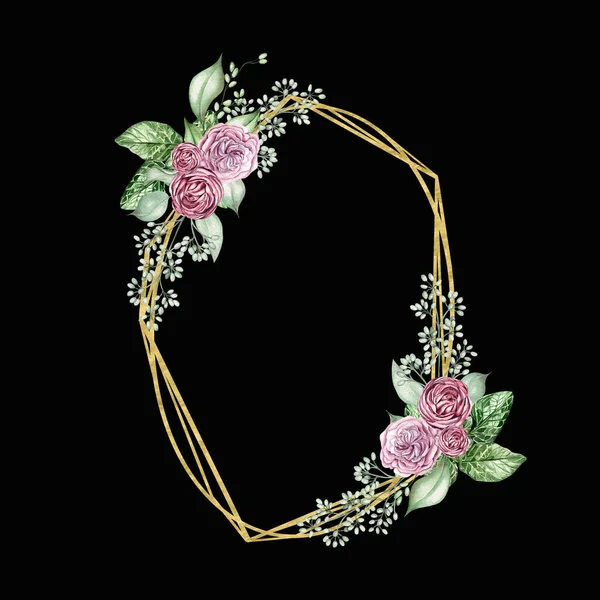 Цветущие Розы Листья Эвкалипта Цветочный Свадебный Венок Акварель — стоковое фото