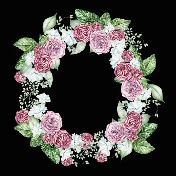 Цветки Петунии Цветут Розы Листья Эвкалипта Цветочный Свадебный Венок Акварель — стоковое фото