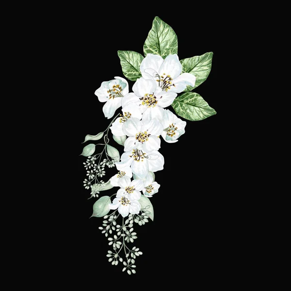 樱花和桉树叶 花婚礼花束 水彩画 — 图库照片