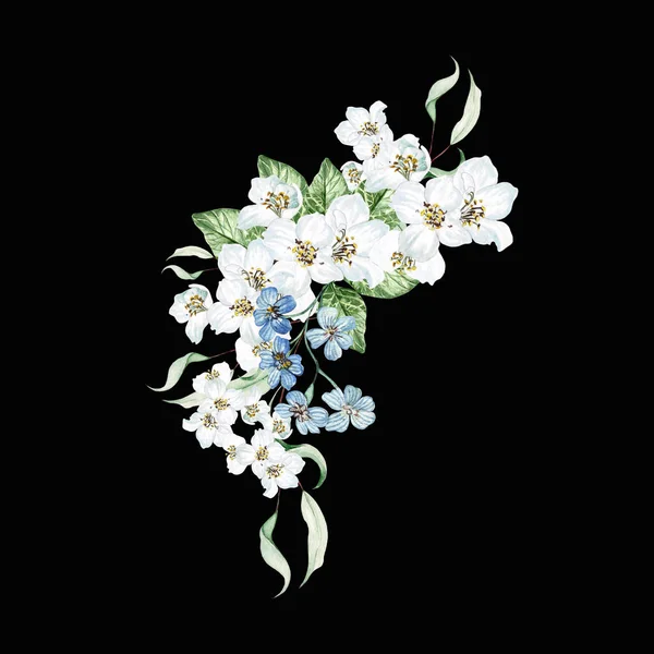 Kirschblüten Und Eukalyptusblätter Floraler Brautstrauß Aquarell — Stockfoto
