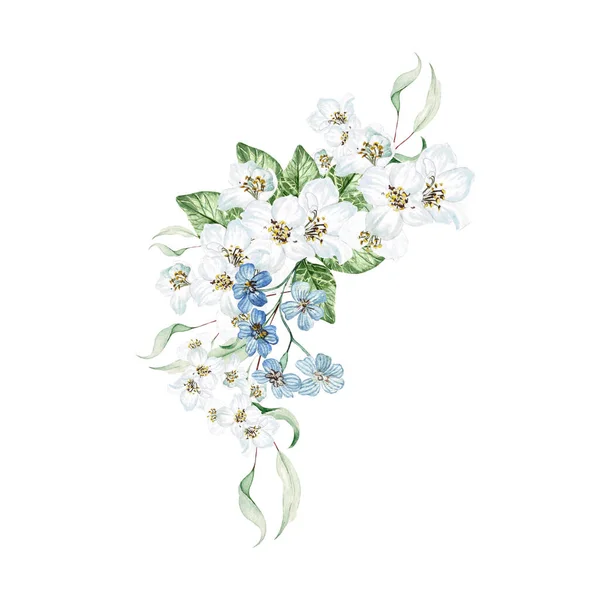樱花和桉树叶 花婚礼花束 水彩画 — 图库照片