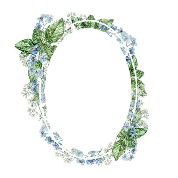 Kleine Blaue Blüten Und Eukalyptusblätter Blumenkranz Aquarell — Stockfoto