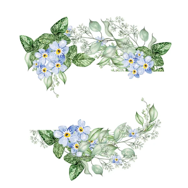 Małe Niebieskie Kwiaty Liście Eukaliptusa Kwiatowy Wieniec Ślubny Ilustracja Akwareli — Zdjęcie stockowe