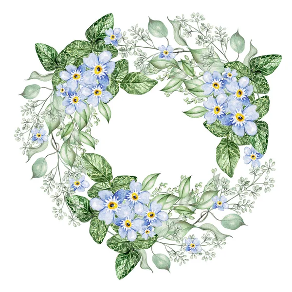 Small Blue Flowers Eucalyptus Leaves Floral Wedding Wreath Watercolor Illustration — Stock Photo, Image