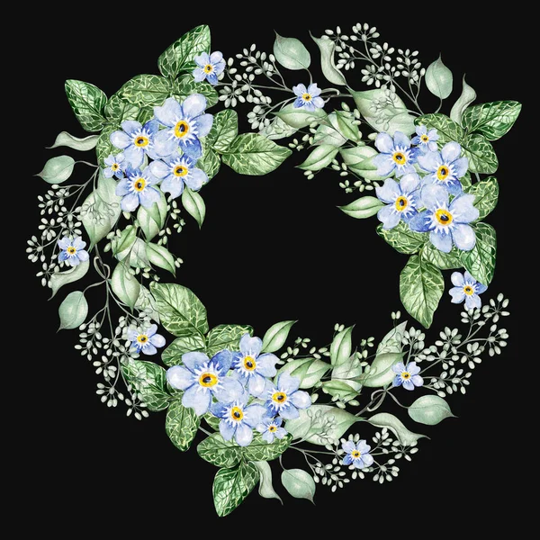 Małe Niebieskie Kwiaty Liście Eukaliptusa Kwiatowy Wieniec Ślubny Ilustracja Akwareli — Zdjęcie stockowe
