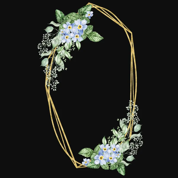 Flores Azules Pequeñas Hojas Eucalipto Corona Boda Floral Ilustración Acuarela —  Fotos de Stock