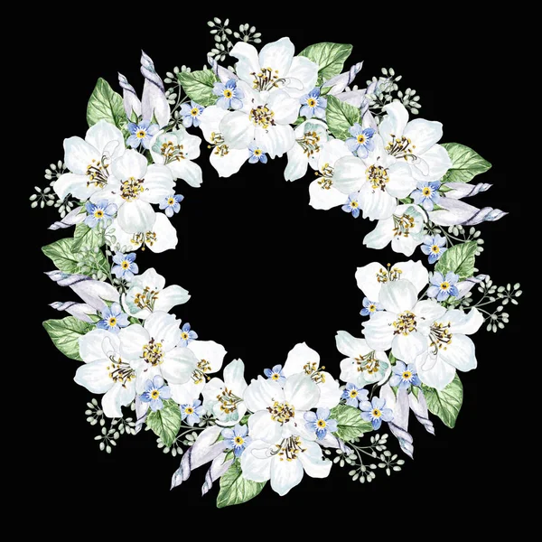 Kiraz Çiçeği Petunya Okaliptüs Yaprakları Çiçekli Düğün Çelengi Suluboya — Stok fotoğraf
