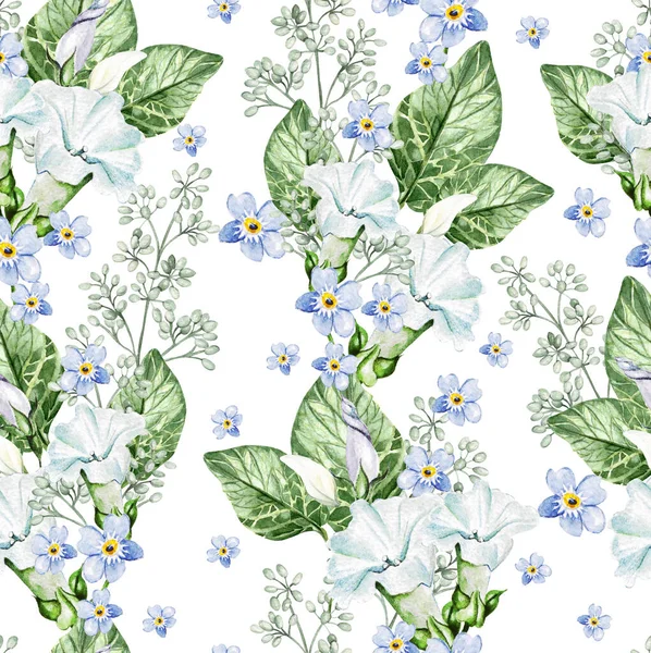 Kleine Blaue Blumen Blühen Petunien Und Blätter Florales Nahtloses Muster — Stockfoto